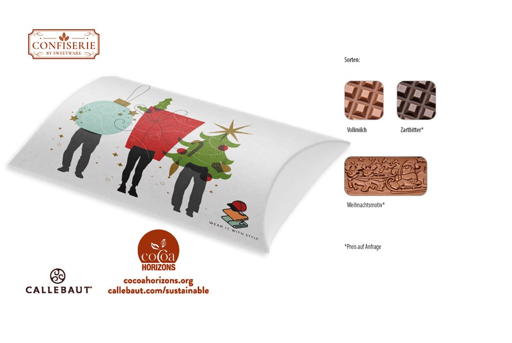 Schokolade 100 g Tafel in Kissenschachtel 1 Stück  ,  Inhalt:  Callebaut Vollmilch Schokolade Kalender